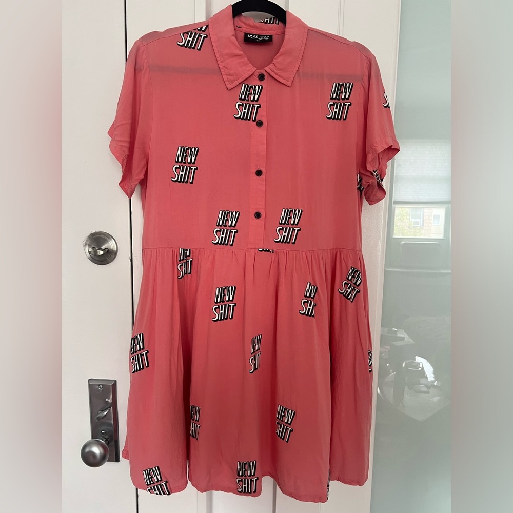 Lazy Oaf vintage rare 'New Sh*t' printed pink button up minidress